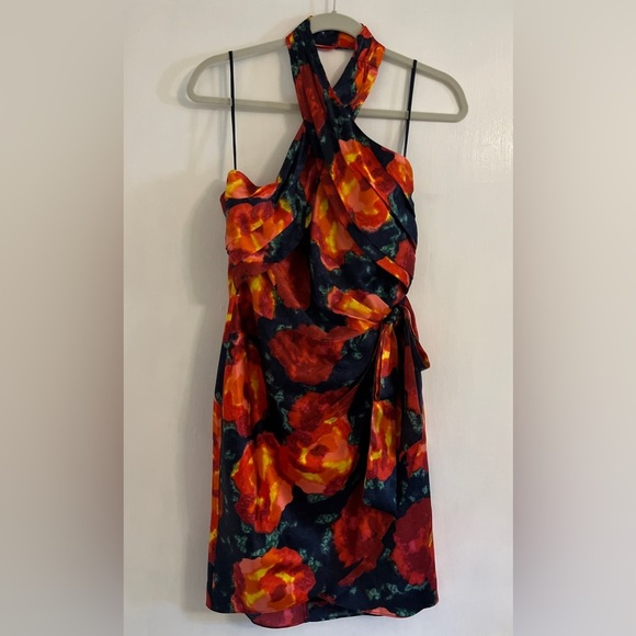 Cinq à Sept Trini Satin Floral Halter Neck Mini Wrap Dress, Size 2 - Picture 6 of 14